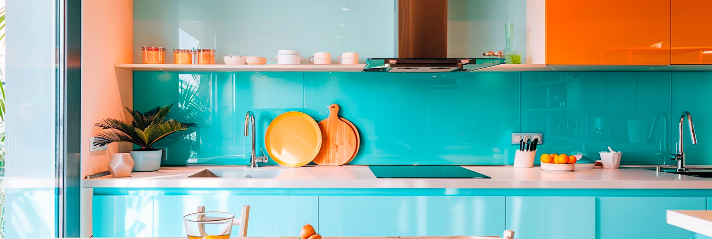 Eine moderne Küche mit türkisfarbenen Schränken, orangenen Hängeschränken, weißen Arbeitsflächen und verschiedenen Küchenutensilien.