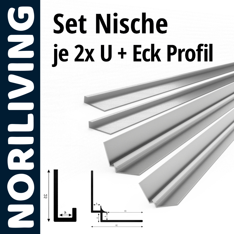 Darstellung eines Nischenprofil-Sets von Noriliving mit je zwei U-Profilen und einem Eckprofil.